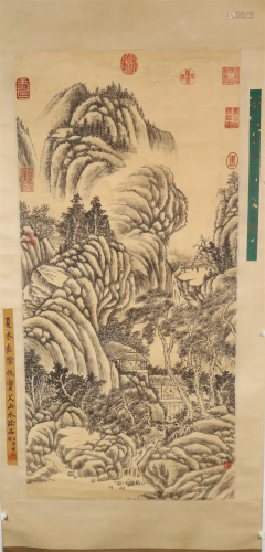 A Goegeous Ink& Landscape Silk Scroll Painting By QiuYin...