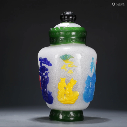 A Multi-Color Overlay White Glass 'Figure' Jar And...