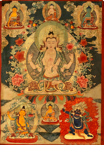 An Exquisitely made Tibetan Four-Arms Guanyin Thangka