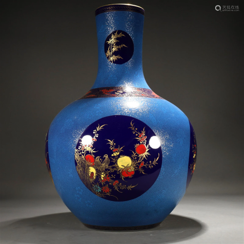 An Enameled Blue-Ground Gilded 'Flower, Fruit, Bird...