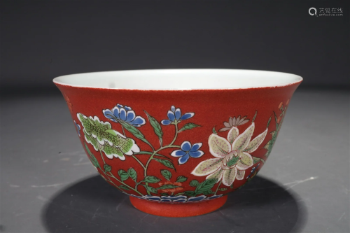 A Red-Ground Famille-Rose 'Flower' Bowl