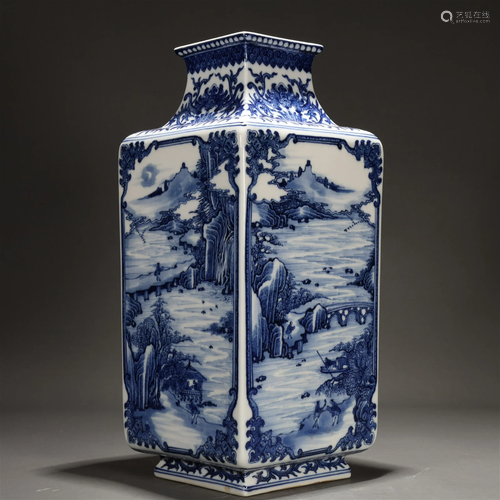 A Rectangular Blue And White 'Landscape' Zun