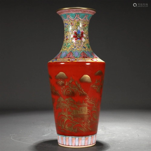 An Enameled Ruby-Glazed Gilded 'Landscape' Vase