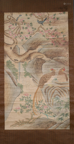 A Delicate Flower& Bird Silk Scroll Painting By Ma Quan