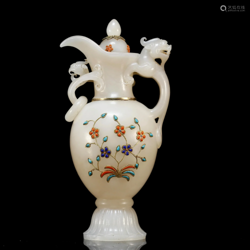 A White Jade Chilong Teapot with Gemstones