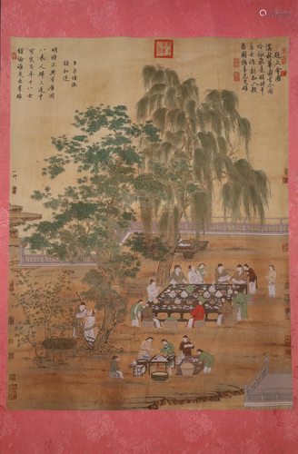 A Gorgeous Figure Silk Scroll Painting By Yi Wu