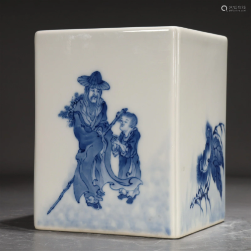A Rectangular Blue And White 'Story' Brush Pot
