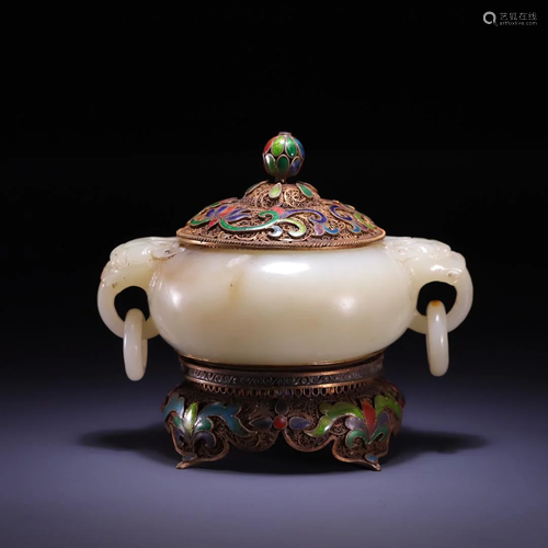 A Marvelous Hetian Jade Gilt Filigree-Inlaid Censer