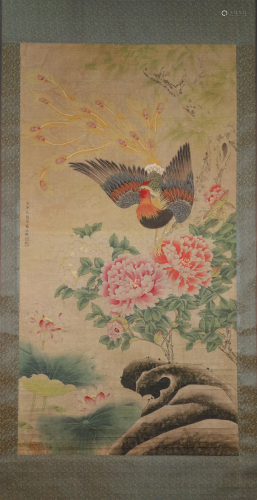 A Fabulous Chicken& Peony Silk Scroll Painting By Shen Q...