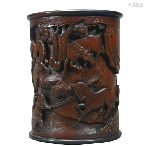 A Bamboo 'Landscape& Figure' Brush Pot