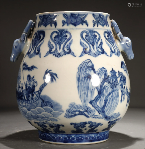 A Blue And White 'Dragon Boat' Deer-Handled Jar