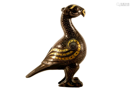 A Bronze Inlaid Silver And Gold 'Bird' Ornament