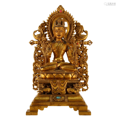 A Gilt-Bronze Gem-Inlaid Figure Of Bodhisattva With Inscript...