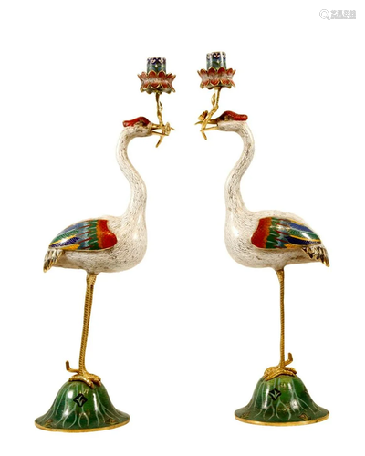 A Pair Of Cloisonne Crane-Form Candlesticks