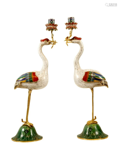A Pair Of Cloisonne Crane-Form Candlesticks