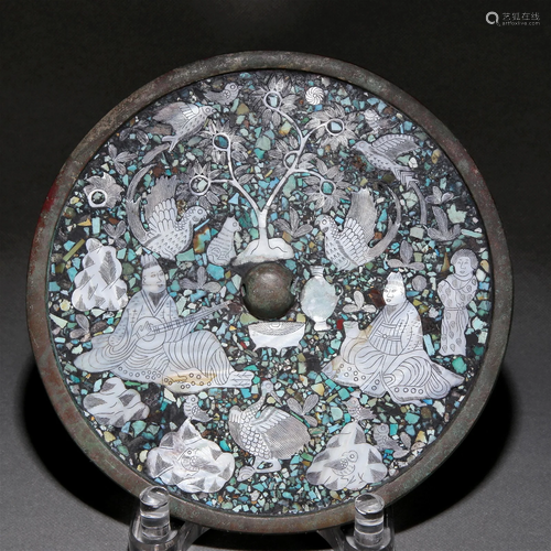 A Circular Bronze Gem-Inlaid 'Figure' Mirror