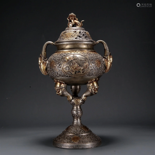 A Gilt-Bronze Silver 'Kylin& Scrolling Lotus' ...