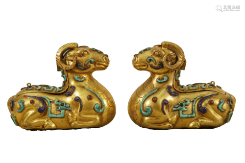 A Pair Of Gilt-Bronze Gem-Inlaid Ram-Form Boxes