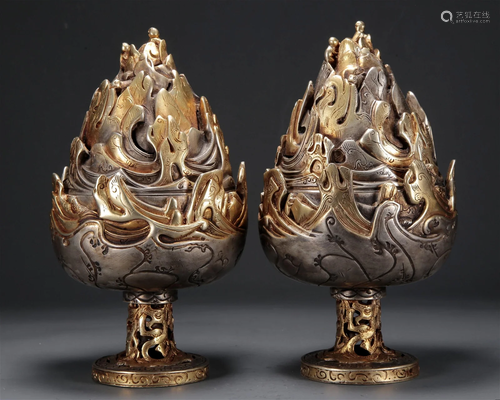 A Pair Of Gilt-Bronze Silver 'Mountain& Ocean'...