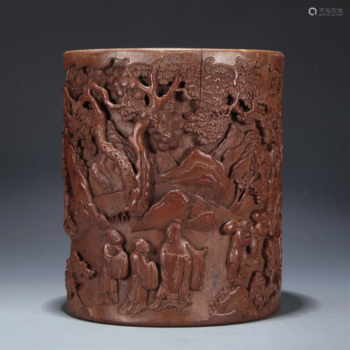 A Bamboo 'Landscape& Figure' Brush Pot