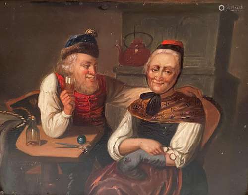 German School , (19th Century), Darning the Socks, Oil on me...