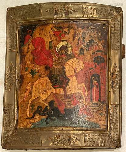 A Russian Icon depicting St George Slaying the Dragon, Brass...