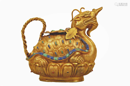 A Gilt-Bronze Gem-Inlaid 'Dragon& Tortoise' Ew...