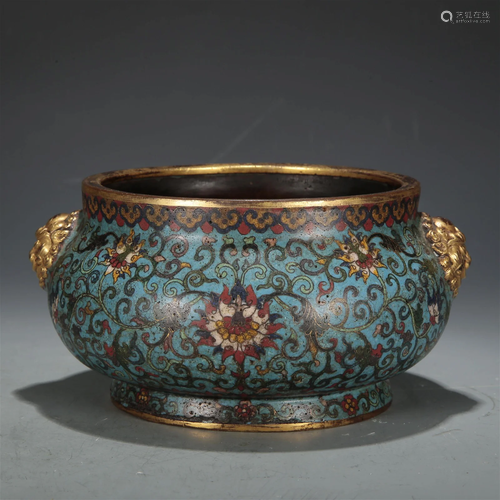 A Cloisonne 'Scrolling Lotus' Lion-Handled Censer