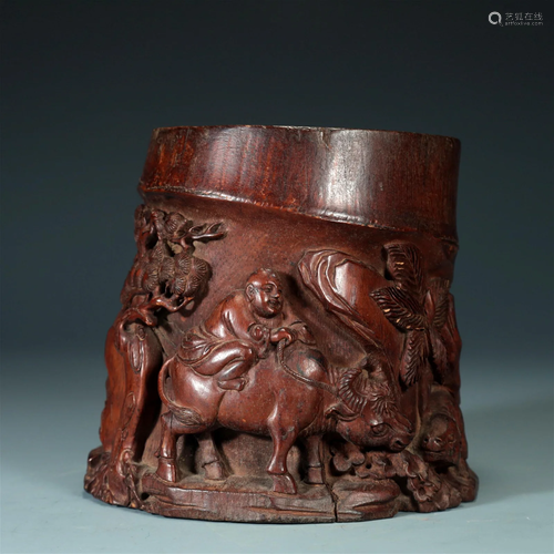 A Bamboo 'Boy Herding A Buffalo' Brush Pot