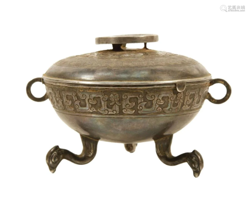 A Silver 'Dragon' Phoenix-Feet Bowl And Cover With...