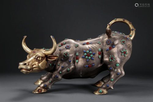 A Gilt-Bronze Silver Gem-Inlaid Buffalo