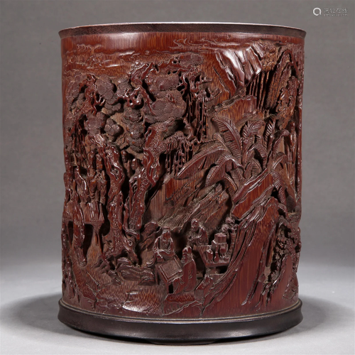 A Bamboo 'Landscape& Figure' Brush Pot