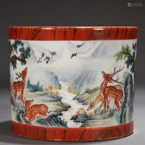 A Famille-Rose Faux Bois-Enameled 'Landscape, Deer, Cra...