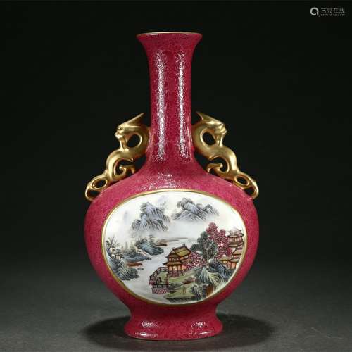 Red-glazed climbing flower window pastel landscape amphora