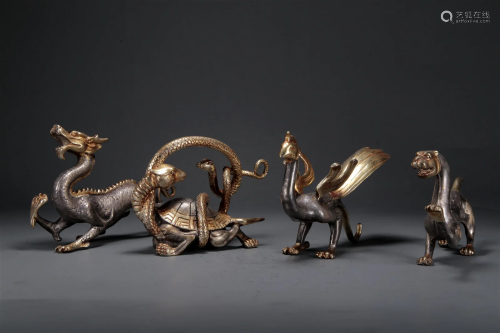 A Set Of Four Gilt-Bronze Silver Mythical Beasts