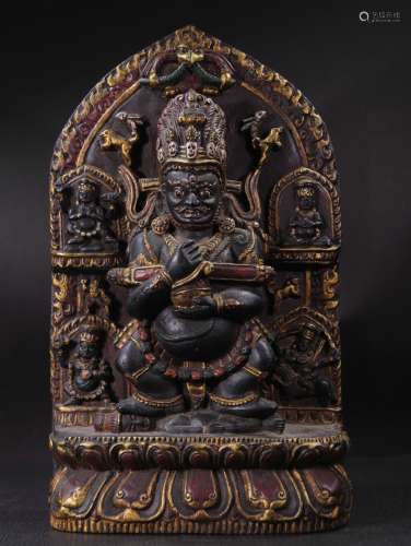 Tibetan black stone inscribed gold statue of Mahakala with t...