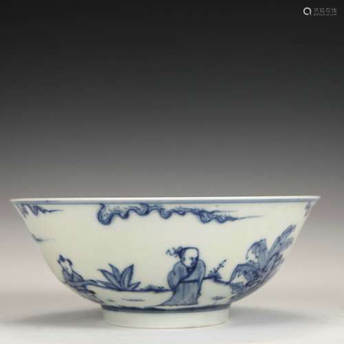 Blue and white character story bowl