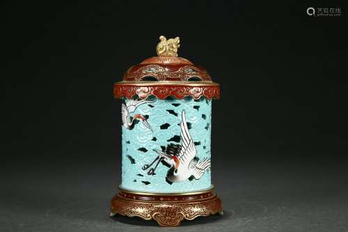 Red-glazed incense burner with gold auspicious cloud and cra...