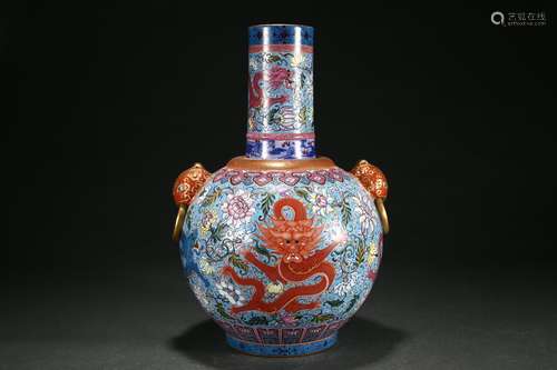 Blue ground pastel flower dragon pattern amphora bottle