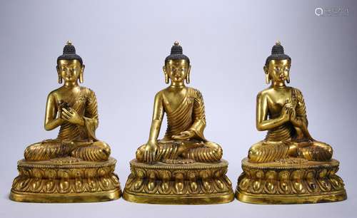 A set of gilt bronze three Buddhas