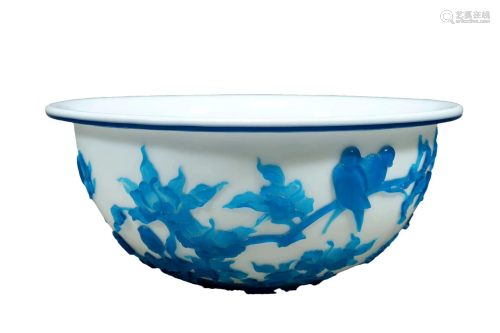 A Blue Overlay White Glass 'Flower& Bird' Bowl