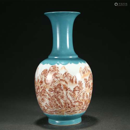 Blue glazed alum red landscape bottle