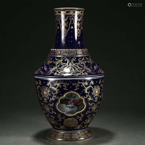 Outer blue glaze depicting golden entwined lotus flowers and...