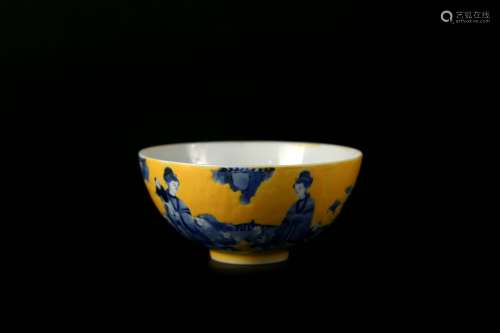 Qing Kangxi Yellow Ground Blue and White Figure Bowl