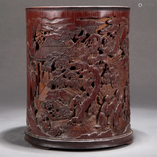 A Bamboo 'Landscape& Figure' Brush Pot