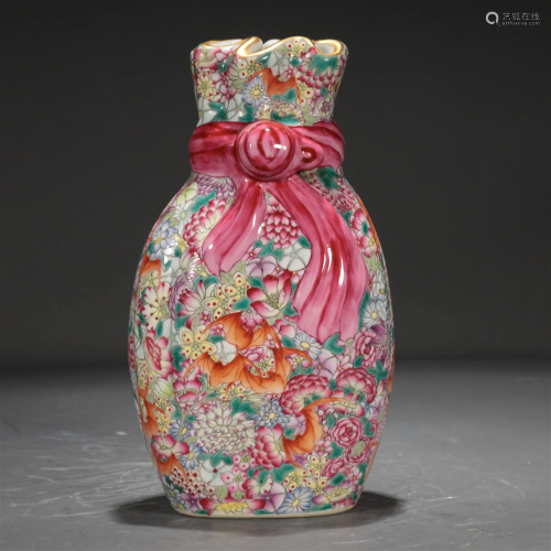 An Enamel-Painted 'Flower& Bat' Sack-Form Vase