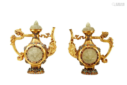 A Pair Of Gilt-Bronze White Jade& Gem-Inlaid 'Drago...