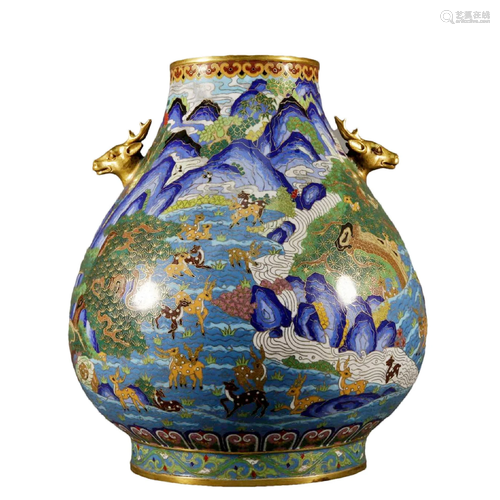 A Cloisonne 'Landscape' Deer-Handled Jar