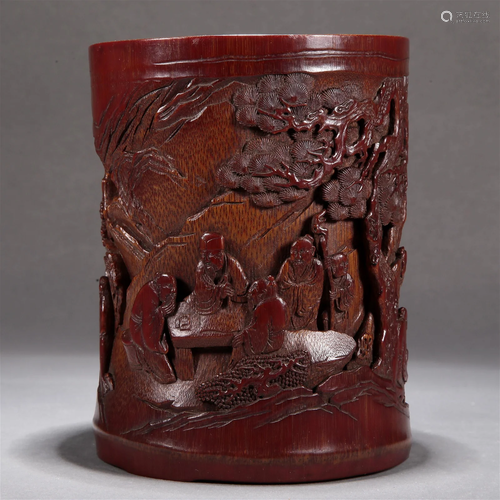 A Bamboo 'Landscape& Figure' Brush Pot