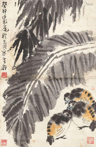 李苦禅 1899～1983 芭蕉小鸟 设色纸本 立轴